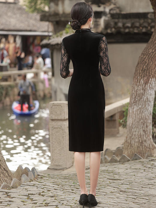 新款金丝绒七分袖中长款蕾丝改良刺绣旗袍GR5087 商品图4