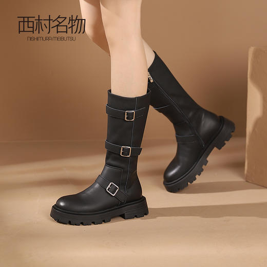 西村名物2023秋冬新款厚底复古西部骑士靴金属扣厚底时尚靴T23DC46201 商品图0