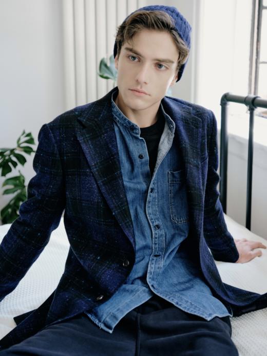 IL CERVO 羊驼绒羊毛马海毛混织藏蓝色暗格纹全麻衬单西 商品图2