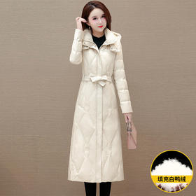 过膝长款系带收腰，优雅洋气保暖羽绒服,白鸭绒外套QYM-OMS-SDB3215-L