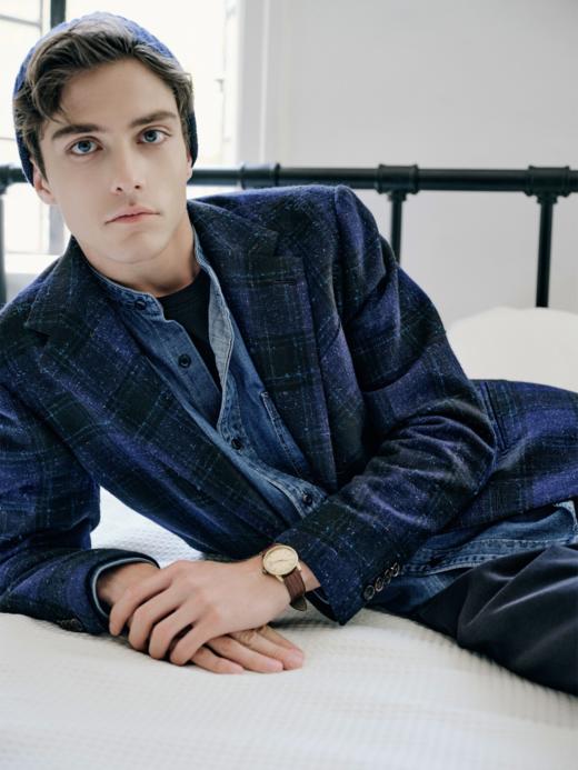 IL CERVO 羊驼绒羊毛马海毛混织藏蓝色暗格纹全麻衬单西 商品图0