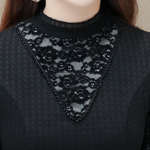 黑色加绒连衣裙网纱拼结，提花裙保暖打底裙长裙QYM-LRX-1313DEPY-Y 商品图3