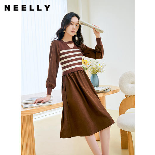 NEELLY纳俪条纹撞色连衣裙女秋冬新款中长款休闲气质内搭打底长裙N23104Y05522 商品图1