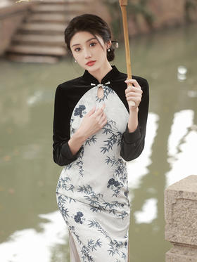 新款花罗旗袍连衣裙中长款水滴领双层改良旗袍GR5063