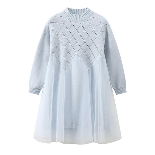 笛莎童装女童连衣裙2023冬季新款珍珠装饰拼接网纱毛织裙 商品图4