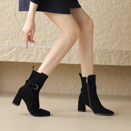 【预售5天】美拉德复古女靴粗跟方头皮带扣侧拉链短靴牛翻皮时尚高跟切尔西靴FDME&FD8357 商品图3