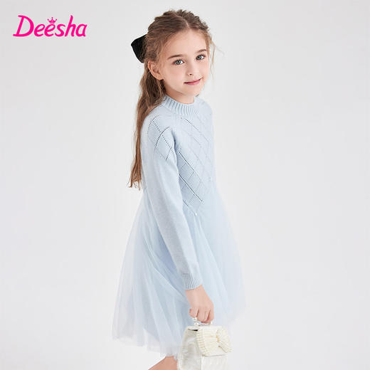 笛莎童装女童连衣裙2023冬季新款珍珠装饰拼接网纱毛织裙 商品图1