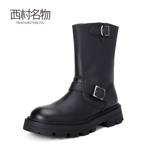 西村名物2023秋冬新款气质复古粗跟扣饰机车靴中筒时装靴女T23DS46191 商品图1