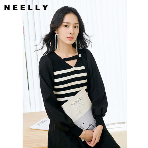 NEELLY纳俪条纹撞色连衣裙女秋冬新款中长款休闲气质内搭打底长裙N23104Y05522 商品图2