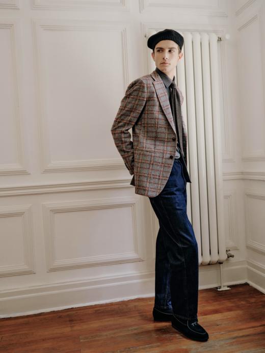 IL CERVO 羊毛马海毛混织深灰色格纹全麻衬单西 商品图2