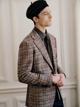 IL CERVO 羊毛马海毛混织深灰色格纹全麻衬单西