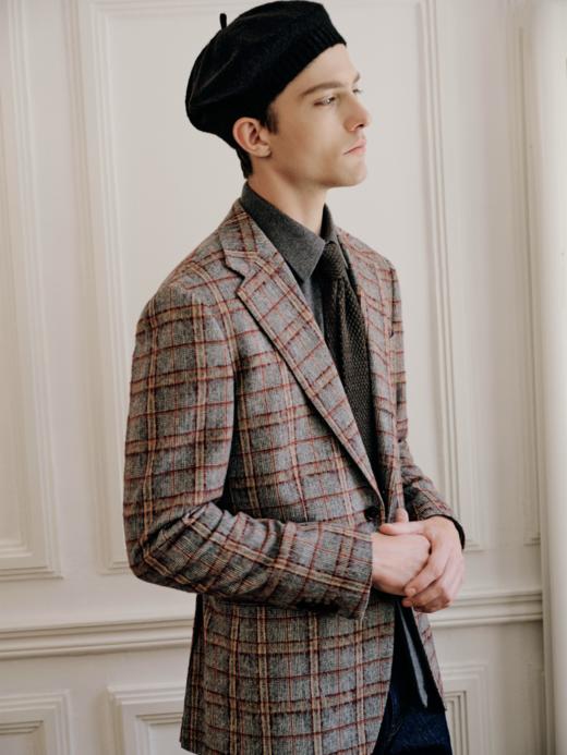 IL CERVO 羊毛马海毛混织深灰色格纹全麻衬单西 商品图0