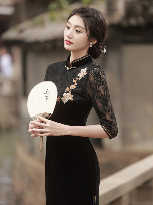 新款金丝绒七分袖中长款蕾丝改良刺绣旗袍GR5087 商品图1