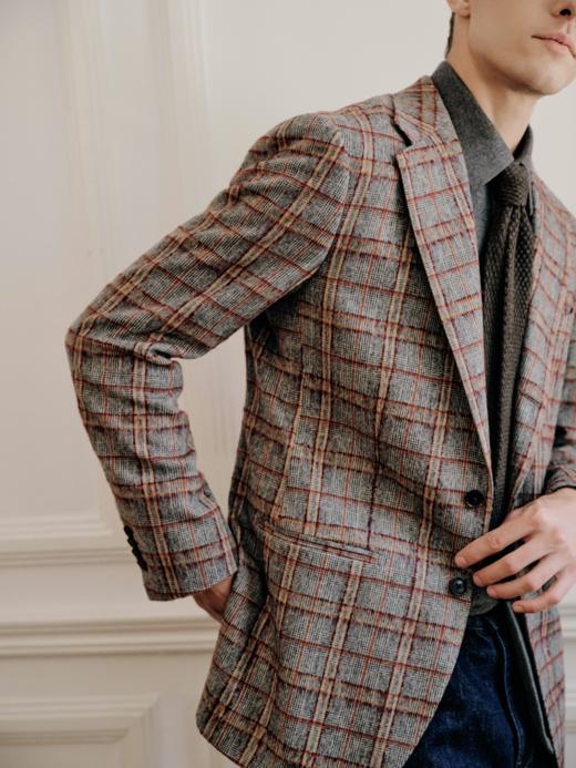 IL CERVO 羊毛马海毛混织深灰色格纹全麻衬单西 商品图1