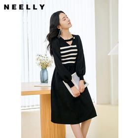 NEELLY纳俪条纹撞色连衣裙女秋冬新款中长款休闲气质内搭打底长裙N23104Y05522