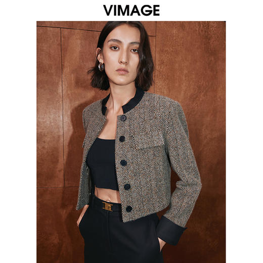 VIMAGE纬漫纪冬季新款经典撞色洋气短款大衣外套V2014611 商品图3