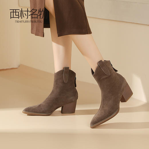 西村名物2023秋冬新款气质时尚磨砂皮中跟尖头切尔西靴女T23DS46131 商品图0