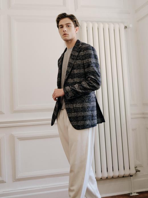 IL CERVO 羊毛蚕丝亚麻埃及棉混织深灰色格纹全麻衬单西 商品图2