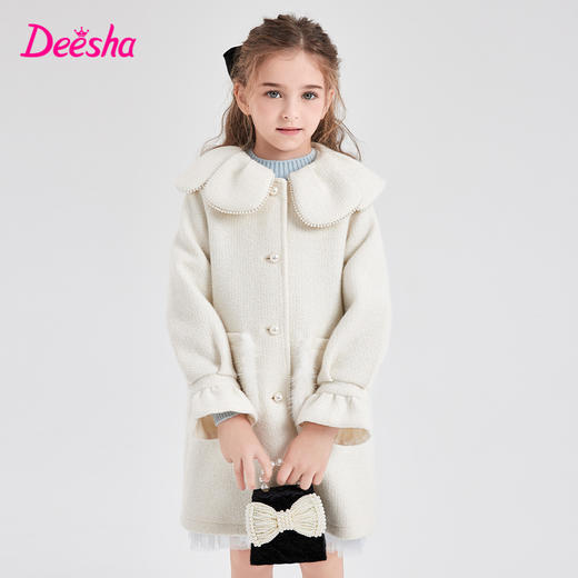 笛莎Deesha 童装女童外套2023冬季新款珍珠花瓣领针织毛呢大衣  商品图0