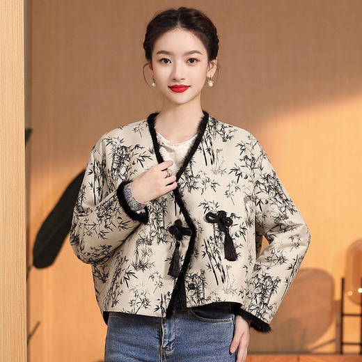 AYM冬季新款时尚气质百搭短款提花夹棉短外套原创女式唐装上衣 商品图0