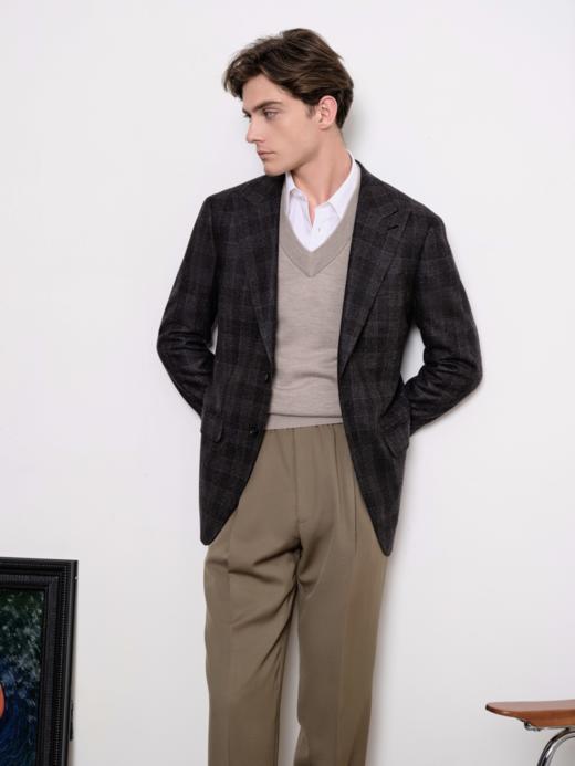IL CERVO Super 120's 澳洲美丽诺羊毛灰色格纹法兰绒全麻衬套装 商品图4