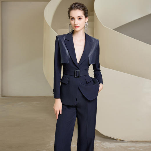 IWY/藏青色西装微喇直筒裤套装女休闲正装演讲主持人职业装233035C1+P6 商品图4