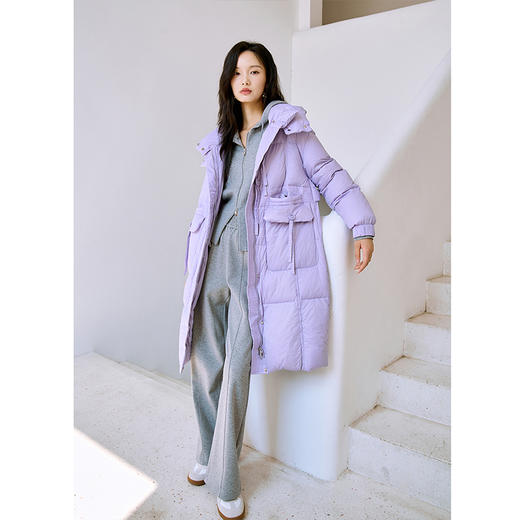 NEELLY纳俪90白鸭绒中长款过膝羽绒服女冬季连帽设计感保暖面包服N23104L06605 商品图3