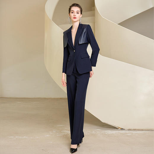 IWY/藏青色西装微喇直筒裤套装女休闲正装演讲主持人职业装233035C1+P6 商品图2