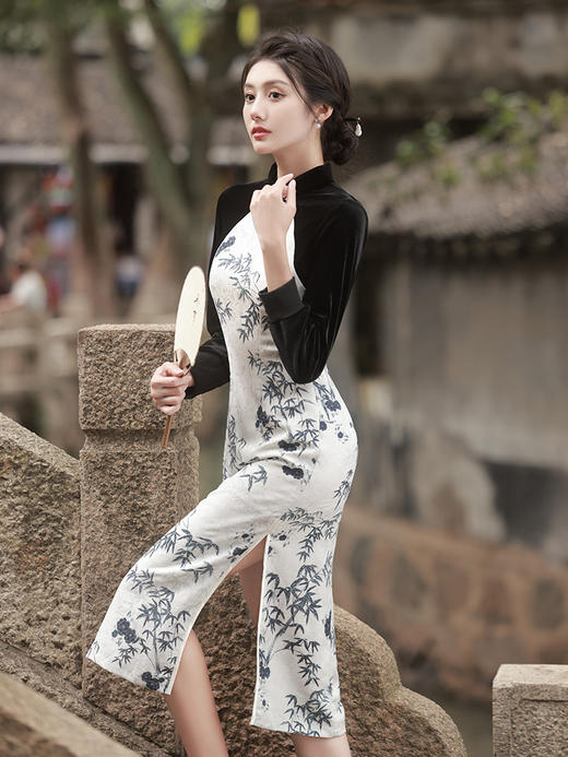 新款花罗旗袍连衣裙中长款水滴领双层改良旗袍GR5063 商品图1