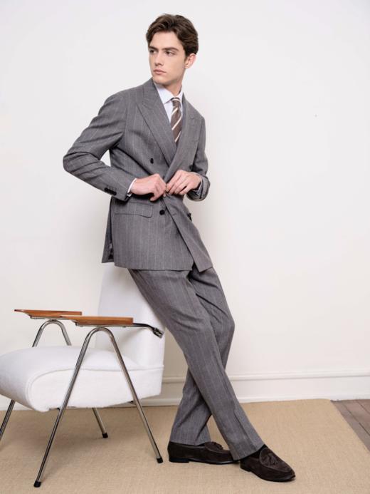 IL CERVO Super 120's 澳洲美丽诺羊毛灰色条纹法兰绒全麻衬套装 商品图0