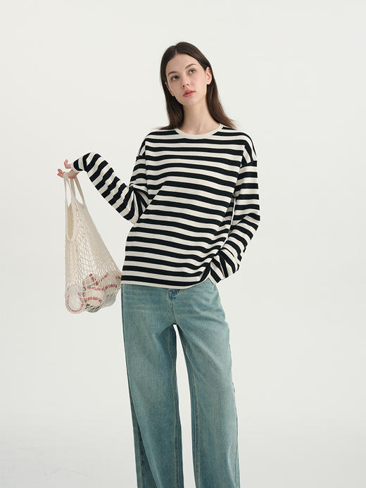 MAISON CECILE 真丝羊毛高紧实度卫衣男友风条纹针织衫 商品图0