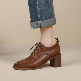 粗跟方头前系带深口单鞋，擦色牛皮英伦复古中跟鞋MBJR-623