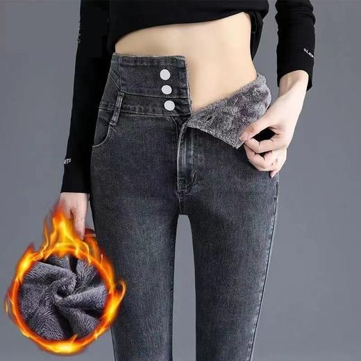 【加绒显瘦】黑色加绒加厚牛仔裤女高腰2023秋冬新款显瘦弹力紧身铅笔小脚裤子 nzk23 商品图3