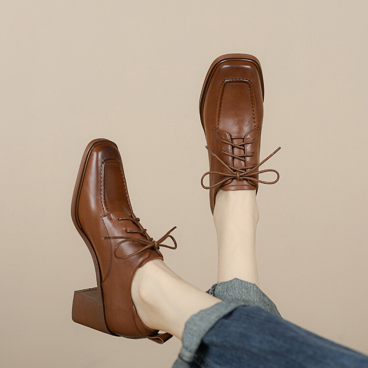 【预售5天】里外全皮粗跟方头前系带深口单鞋擦色牛皮英伦复古中跟鞋小皮鞋MBJR&623-2