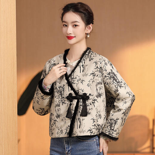 AYM冬季新款时尚气质百搭短款提花夹棉短外套原创女式唐装上衣 商品图3