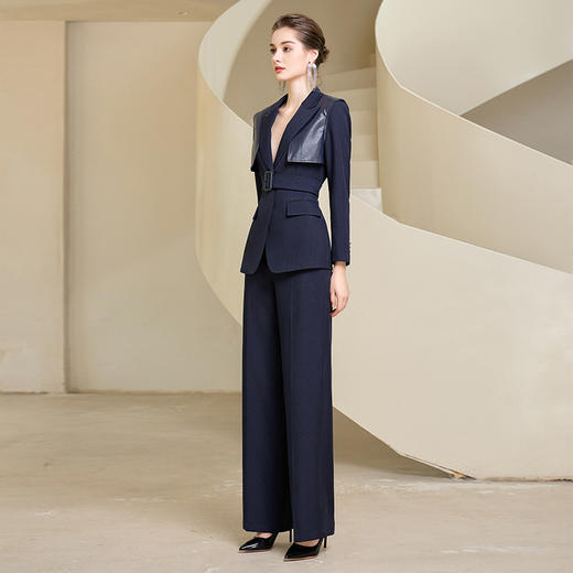 IWY/藏青色西装微喇直筒裤套装女休闲正装演讲主持人职业装233035C1+P6 商品图3
