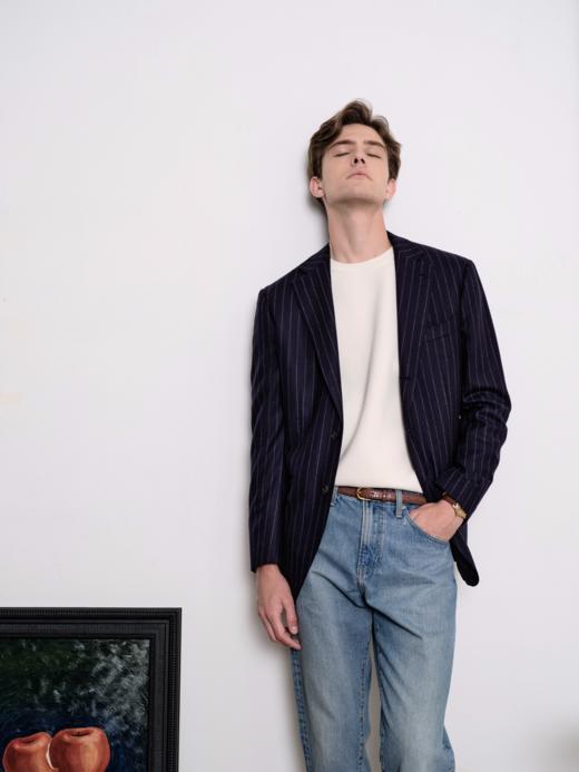 IL CERVO Super 120's 澳洲美丽诺羊毛藏蓝色条纹法兰绒全麻衬套装 商品图2