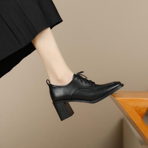 粗跟方头前系带深口单鞋，擦色牛皮英伦复古中跟鞋MBJR-623 商品图4