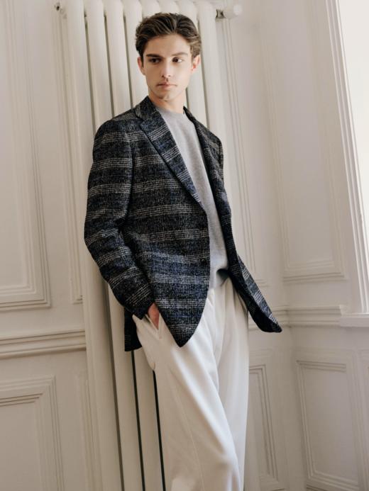 IL CERVO 羊毛蚕丝亚麻埃及棉混织深灰色格纹全麻衬单西 商品图1