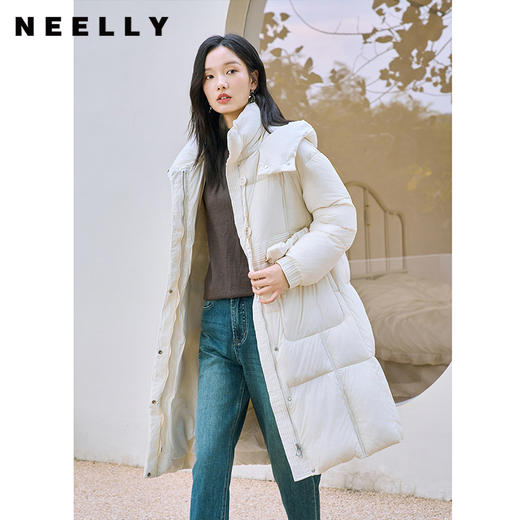NEELLY纳俪90白鸭绒中长款过膝羽绒服女冬季连帽设计感保暖面包服N23104L06605 商品图0