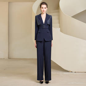 IWY/藏青色西装微喇直筒裤套装女休闲正装演讲主持人职业装233035C1+P6