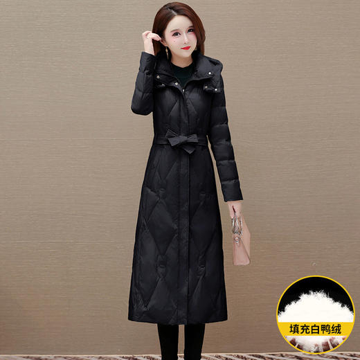 过膝长款系带收腰，优雅洋气保暖羽绒服,白鸭绒外套QYM-OMS-SDB3215-L 商品图1