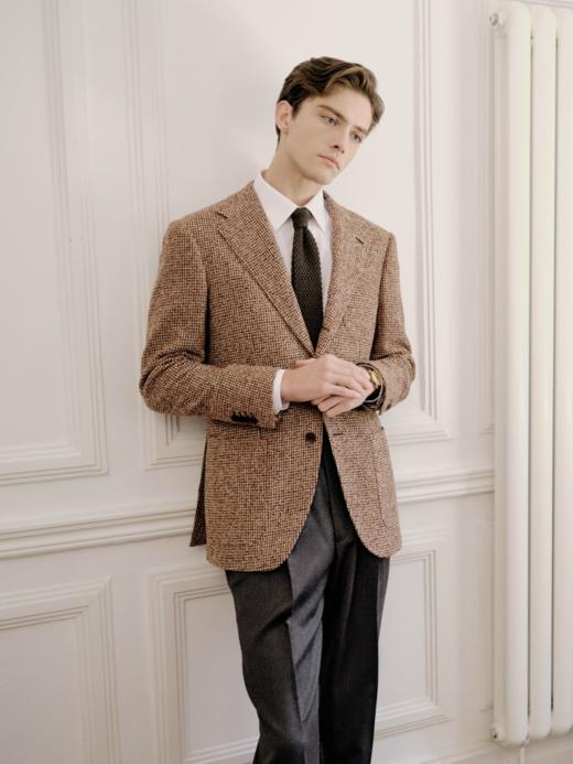 IL CERVO Super 120's 澳洲美丽诺羊毛棕色格纹全麻衬单西 商品图1