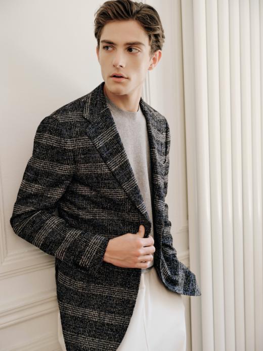 IL CERVO 羊毛蚕丝亚麻埃及棉混织深灰色格纹全麻衬单西 商品图0