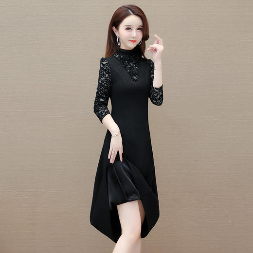 黑色加绒连衣裙网纱拼结，提花裙保暖打底裙长裙QYM-LRX-1313DEPY-Y 商品图1