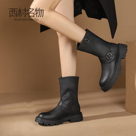 西村名物2023秋冬新款气质复古粗跟扣饰机车靴中筒时装靴女T23DS46191