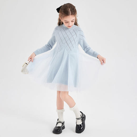 笛莎童装女童连衣裙2023冬季新款珍珠装饰拼接网纱毛织裙 商品图2