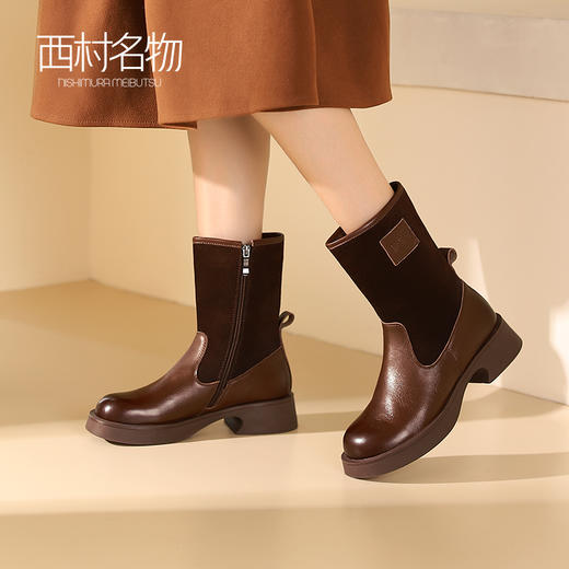 西村名物2023秋冬新款百搭厚底中跟圆头牛皮面瘦瘦马丁靴T23DS46221 商品图0
