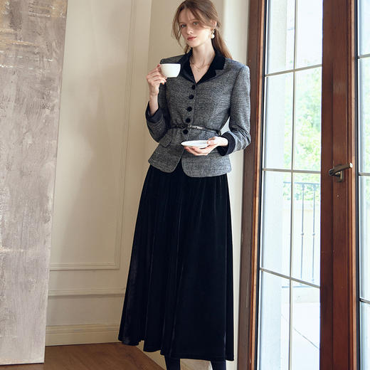 BE09785罗衣复古丝绒黑色高腰半身裙2023冬装新款优雅大摆褶皱裙子 商品图3