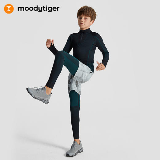 【冬季新款】moodytiger儿童套装23年冬季男童一体织长袖T恤紧身裤运动服 M34510301+M34111401 商品图0
